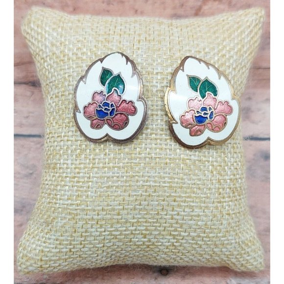 Jewelry - Gorgeous Pink & Gold Tone Cloisonné Floral Earrings Leaf Shape 1" Pierced